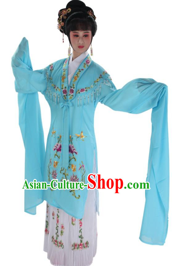 Chinese Shaoxing Opera Actress Light Blue Water Sleeve Dress Ancient Nobility Lady Garment Costume Traditional Beijing Opera Hua Tan Clothing