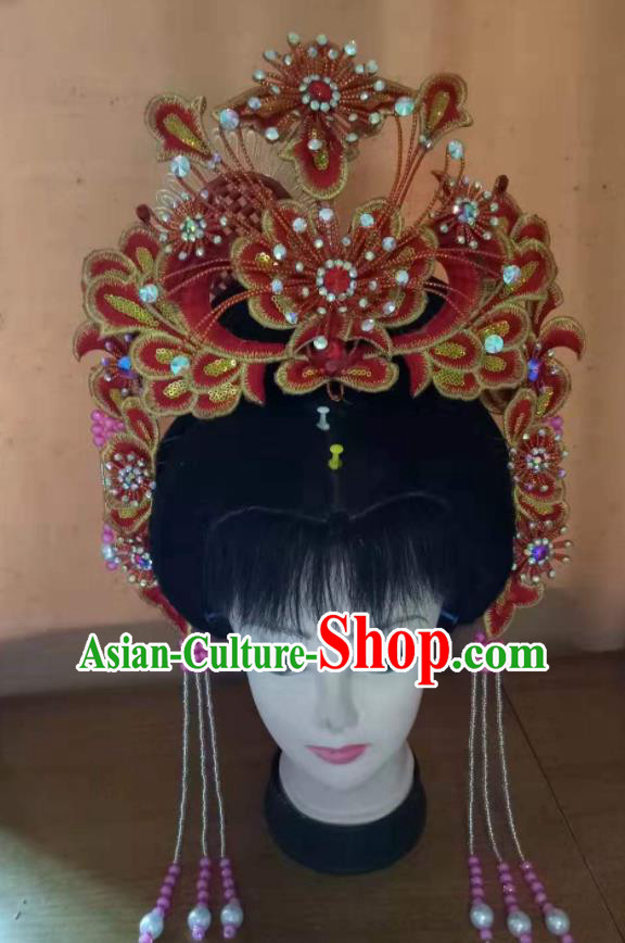 Chinese Beijing Opera Diva Red Flowers Hair Crown Peking Opera Diva Hair Accessories Ancient Princess Phoenix Coronet Headdress