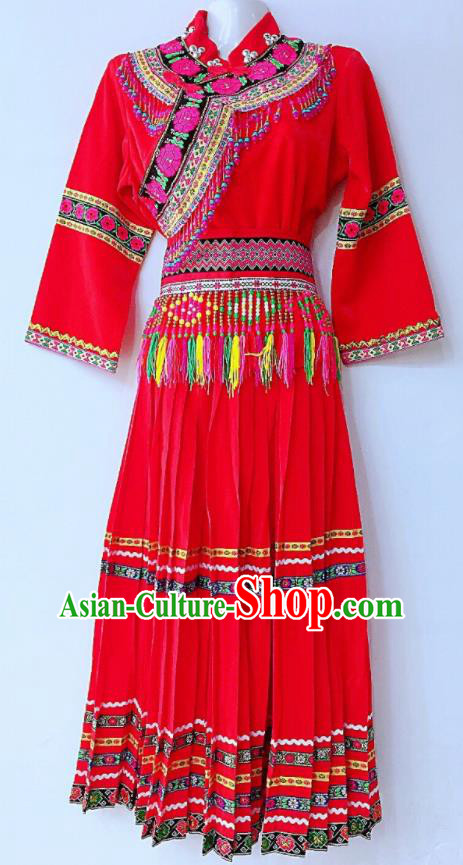 Chinese Lisu National Minority Female Dance Red Uniforms Yi Ethnic Group Garment Costumes Sichuan Nationality Festival Dress