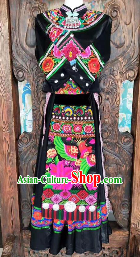 Chinese Yi Ethnic Group Women Garment Costumes Sichuan Minority Festival Black Dress Tujia Nationality Dance Uniforms
