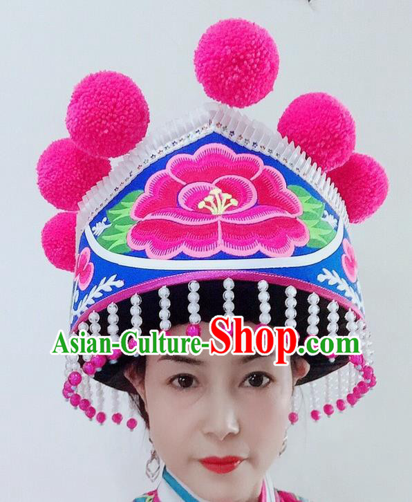 China Yunnan Minority Stage Performance Headdress Ethnic Woman Blue Hat Yi Nationality Dance Embroidered Headwear