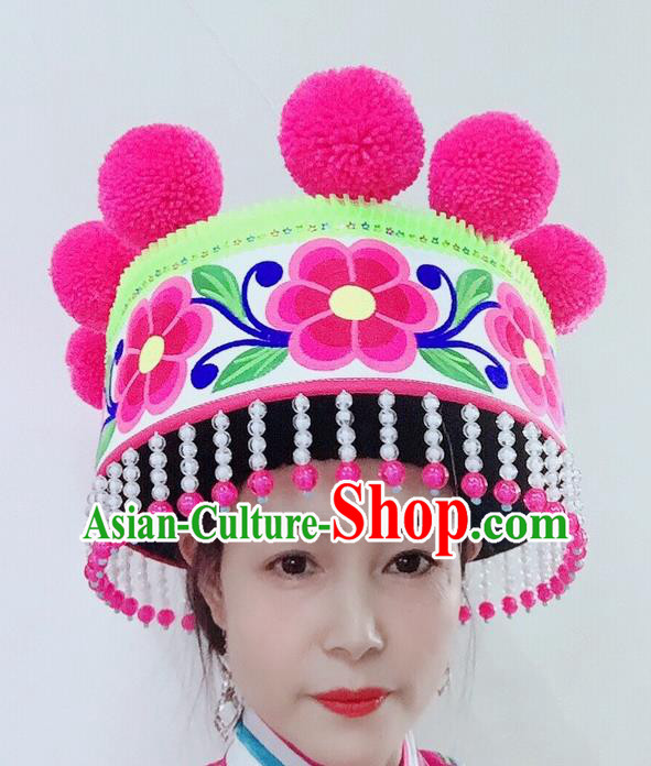China Ethnic Woman White Hat Yi Nationality Dance Embroidered Headwear Yunnan Minority Stage Performance Headdress