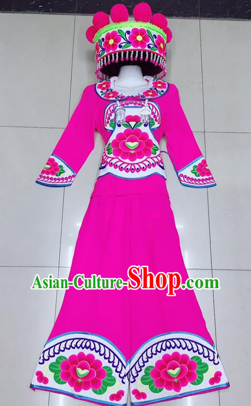 Chinese Ethnic Group Stage Performance Garment Costumes Yunnan Minority Female Informal Clothing Yi Nationality Dance Rosy Uniforms