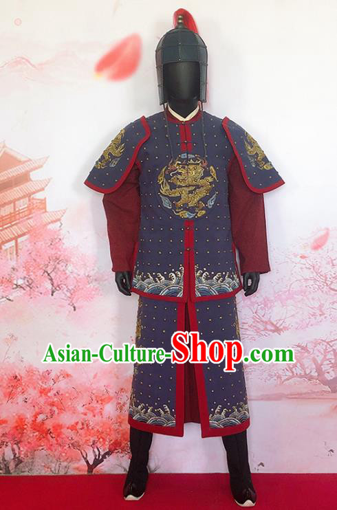 China Ancient Military Officer Garment Costumes Traditional Warrior Shogun Clothing Ming Dynasty General Blue Armor Uniforms and Helmet
