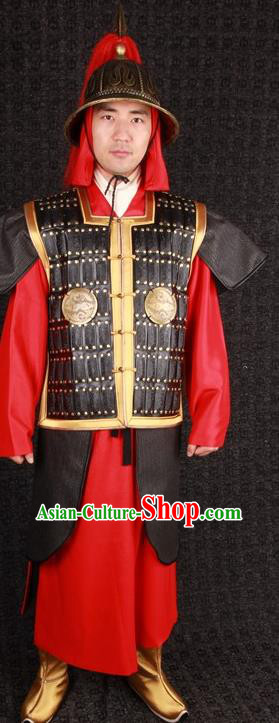 China Ming Dynasty Soldier Black Armor Uniforms Ancient General Garment Costumes Traditional Military Officer Clothing and Hat