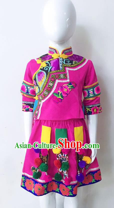 Chinese Hani Minority Children Clothing Yao Nationality Girl Rosy Dress Uniforms Yunnan Ethnic Group Performance Garment Costumes