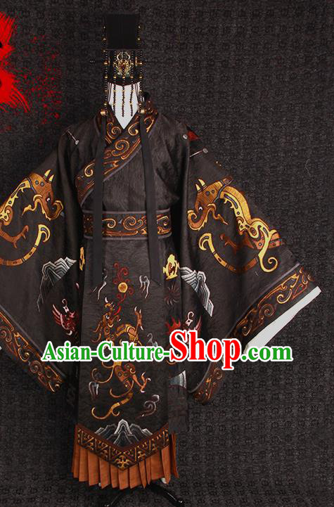 China Traditional Embroidered Black Imperial Robe Clothing Qin Dynasty Emperor Uniforms Ancient Royal King Garment Costumes and Headpiece