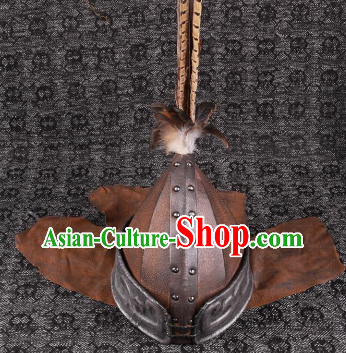 Chinese Yuan Dynasty Warrior Hat Ancient General Brown Helmet Traditional Drama Soldier Headwear