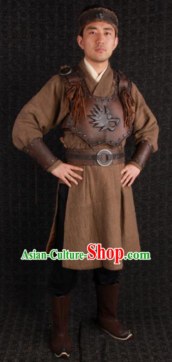 China Yuan Dynasty Soldier Brown Uniforms Ancient Warrior Garment Costumes Traditional Mongolian General Armor Clothing