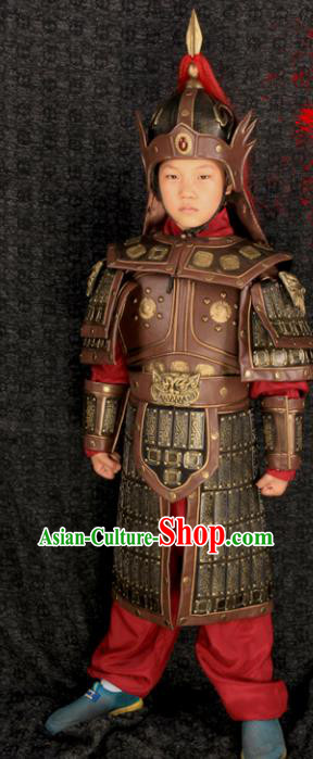 China Ancient Children Warrior Garment Costumes Traditional Drama Kid Brown Armor Clothing Tang Dynasty General Uniforms