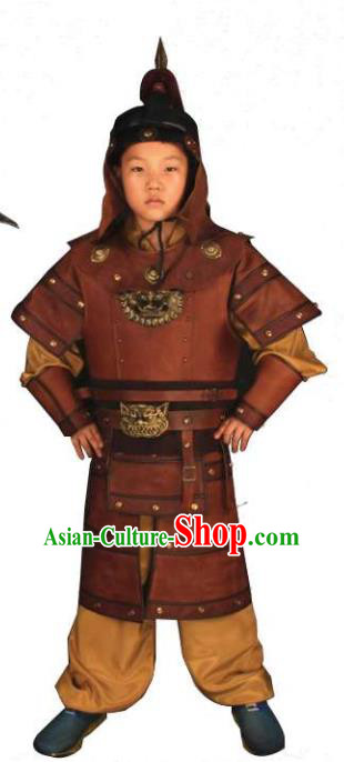 China Song Dynasty General Uniforms Ancient Children Warrior Garment Costumes Traditional Drama Kid Yue Fei Brown Armor Clothing and Hat