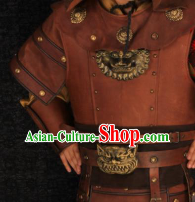 China Song Dynasty General Uniforms Ancient Children Warrior Garment Costumes Traditional Drama Kid Yue Fei Brown Armor Clothing and Hat
