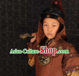 China Song Dynasty General Uniforms Ancient Children Warrior Garment Costumes Traditional Drama Kid Yue Fei Brown Armor Clothing and Hat