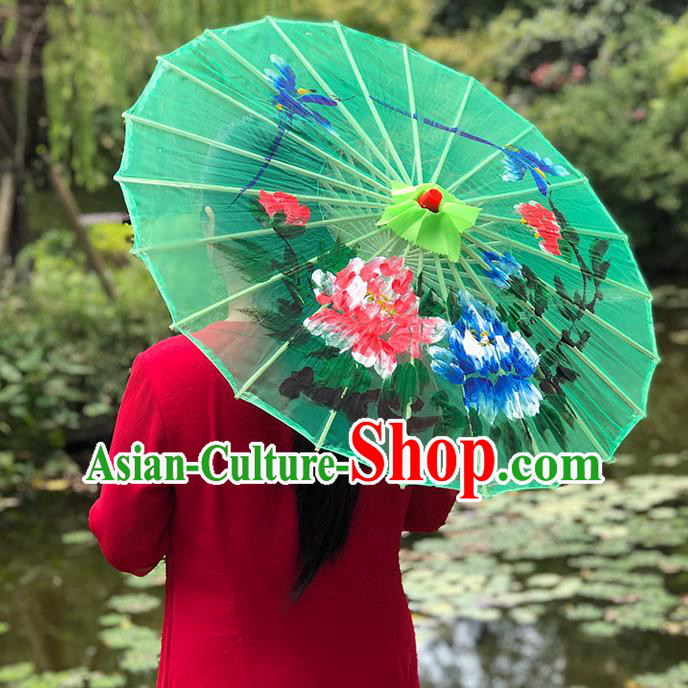 Chinese Painting Peony Umbrella Classical Dance Umbrellas Handmade Green Silk Umbrella Traditional Hanfu Prop Bumbershoot