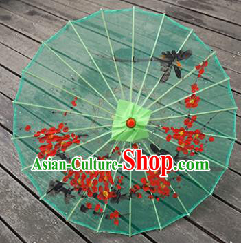 Chinese Traditional Hanfu Prop Bumbershoot Painting Plum Blossom Umbrella Classical Dance Umbrellas Handmade Green Silk Umbrella