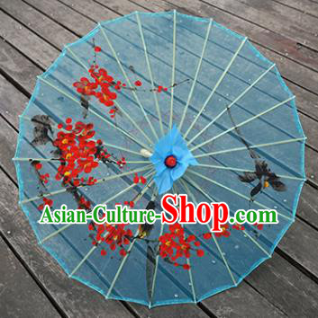 Chinese Blue Silk Umbrella Traditional Hanfu Bumbershoot Prop Hand Painting Plum Blossom Umbrella Classical Dance Umbrellas