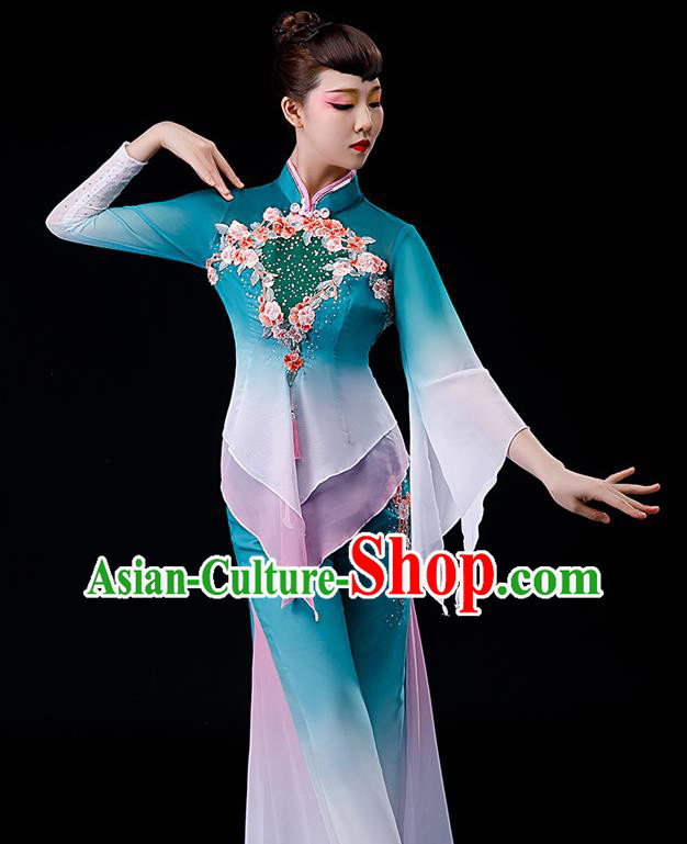 Chinese Folk Dance Blue Uniforms Traditional Fan Dance Garment Costumes Yangko Performance Clothing Yangge Dance Apparels