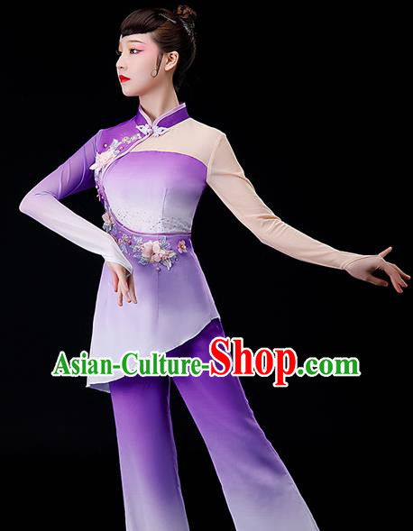 Chinese Traditional Fan Dance Garment Costumes Yangko Dance Clothing Women Square Performance Apparels Folk Dance Purple Chiffon Uniforms