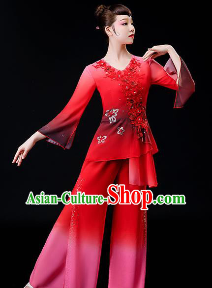 Chinese Folk Dance Red Chiffon Uniforms Traditional Fan Dance Garment Costumes Yangko Dance Clothing Women Square Performance Apparels