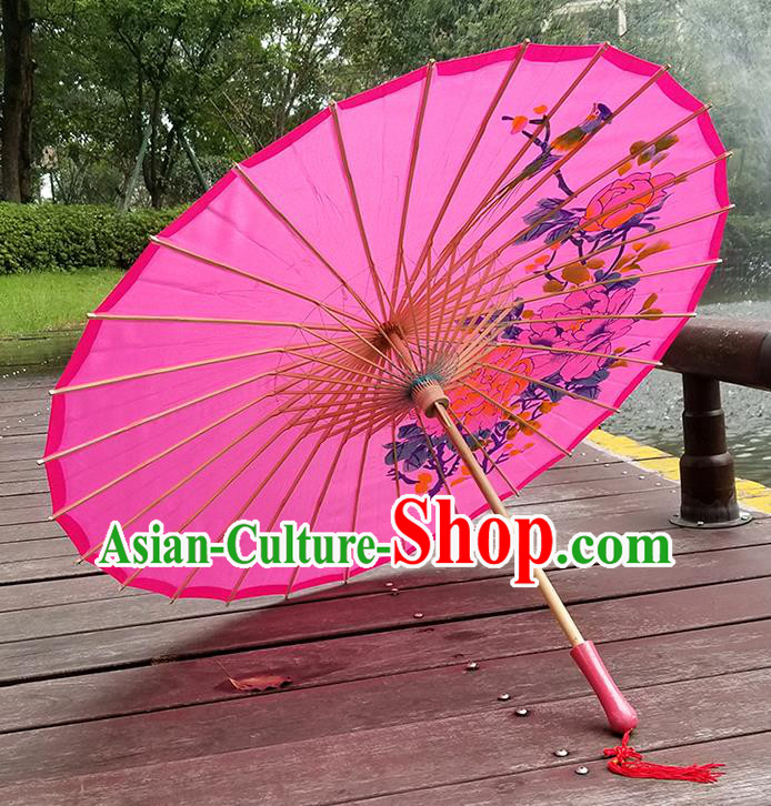 Chinese Traditional Hanfu Bumbershoot Dance Prop Hand Painting Peony Umbrella Classical Umbrellas Pink Silk Umbrella