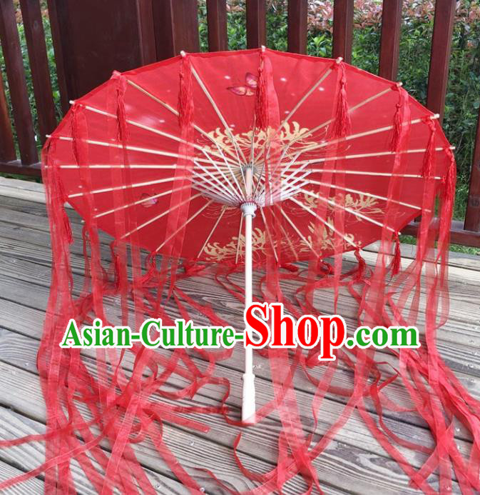 Chinese Handmade Silk Umbrellas Red Ribbon Tassel Umbrella Classical Dance Umbrella Traditional Performance Umbrella