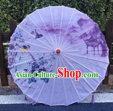 Chinese Printing Flower Bird Umbrella Classical Dance Umbrella Traditional Hanfu Umbrella Handmade Lilac Silk Umbrellas