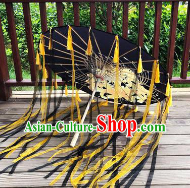 Chinese Classical Dance Umbrella Traditional Hanfu Umbrella Handmade Black Silk Umbrellas Ancient Swordswoman Ribbon Tassel Umbrella