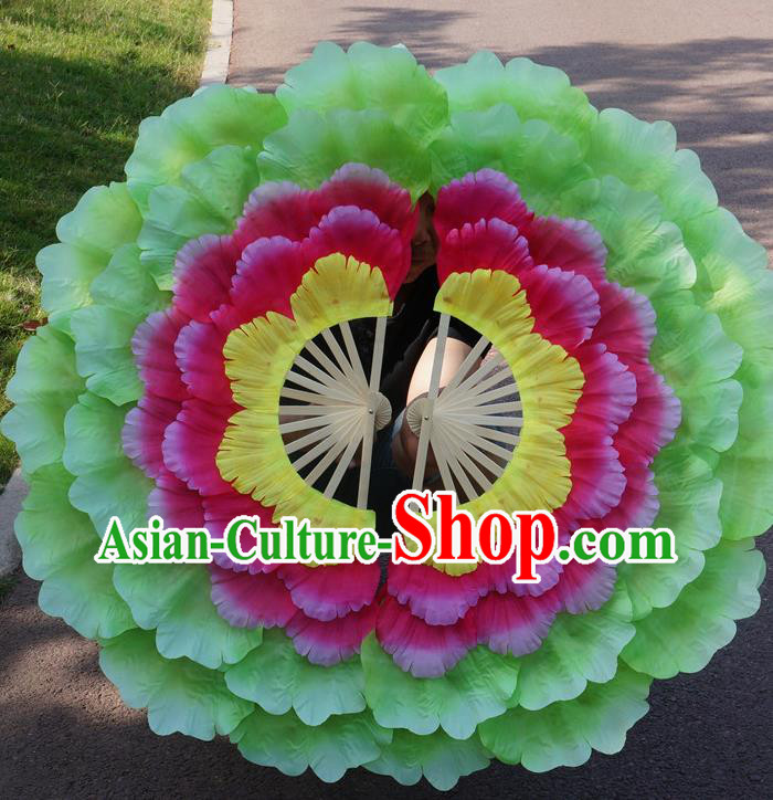 Chinese Yangko Dance Green Silk Fan Opening Dance Fan Peony Dance Fans Folk Dance Double Sides Fan