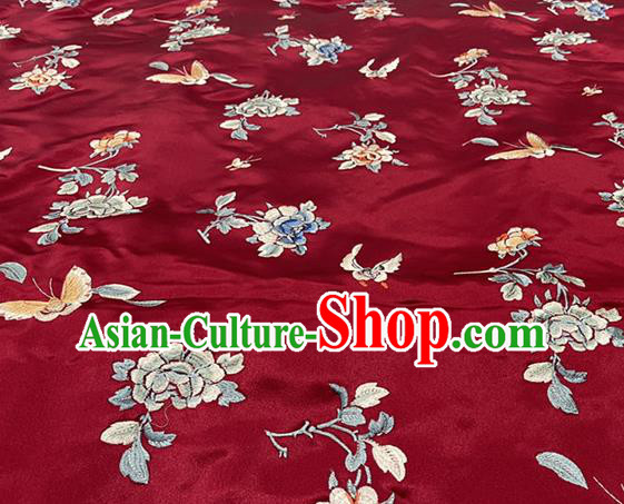 Chinese Tang Suit Silk Drapery Classical Butterfly Pattern Fabric Traditional Qipao Dress Wine Red Satin