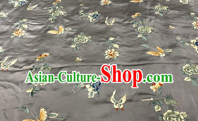 Chinese Classical Butterfly Flowers Pattern Fabric Qipao Dress Cloth Material Traditional Grey Satin Tang Suit Silk Drapery