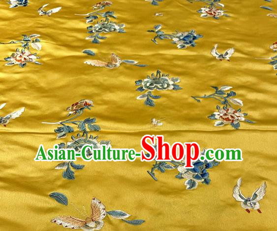 Chinese Traditional Qipao Dress Cloth Material Yellow Satin Tang Suit Drapery Classical Butterfly Flowers Pattern Silk Fabric