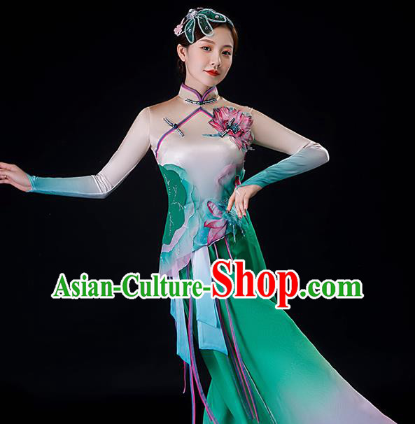 China Classical Dance Green Dress Lotus Dance Garment Costumes Umbrella Dance Clothing Stage Performance Fashion Uniforms