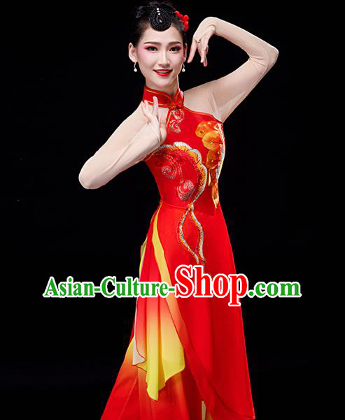 Chinese Traditional Women Drum Dance Garment Costumes Yangko Performance Clothing Fan Dance Apparels Folk Dance Red Uniforms