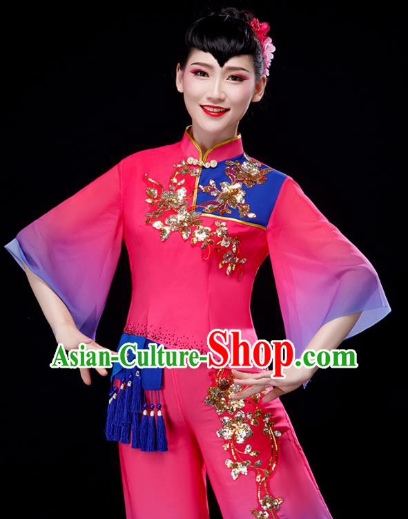 Chinese Folk Dance Rosy Uniforms Traditional Women Drum Dance Garment Costumes Yangko Performance Clothing Fan Dance Apparels