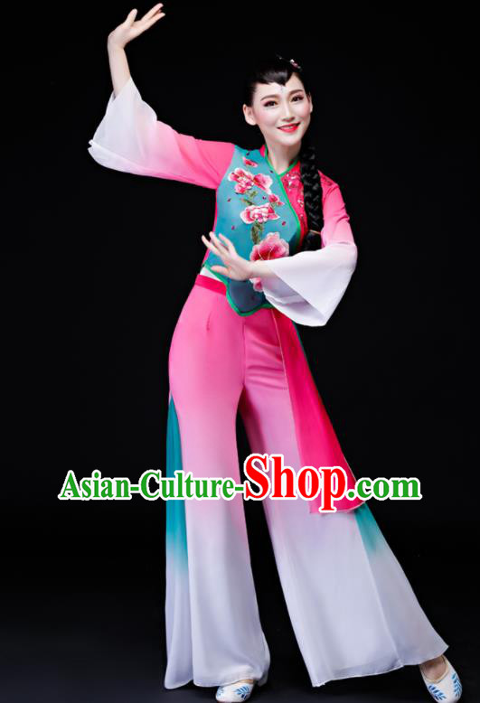 Chinese Yangko Performance Clothing Fan Dance Apparels Folk Dance Pink Uniforms Traditional Flower Drum Dance Garment Costumes
