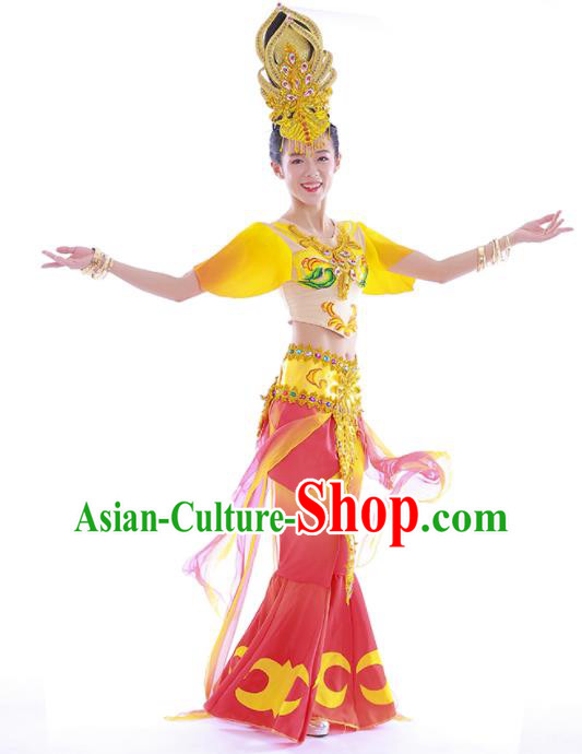 China Classical Dance Dress Thousands Hands Guanyin Dance Garment Costumes Flying Goddess Dance Clothing Stage Performance Uniforms and Hair Accessories