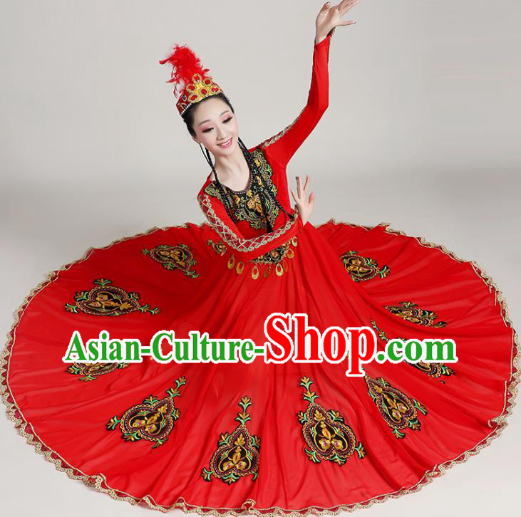 Chinese Xinjiang Ethnic Folk Dance Red Dress Outfits Uyghur Nationality Opening Dance Clothing Uighur Minority Festival Performance Garment Costumes