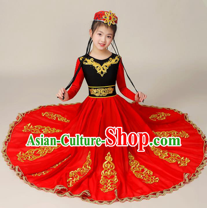 Chinese Uyghur Nationality Girl Dance Clothing Uighur Minority Children Performance Garment Costumes Xinjiang Ethnic Folk Dance Red Dress Outfits