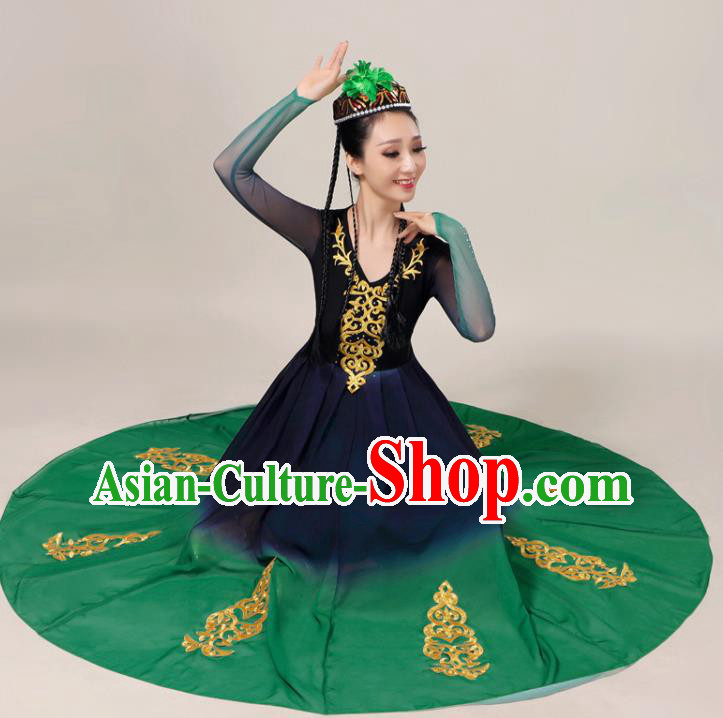 Chinese Uyghur Nationality Folk Dance Clothing Uighur Minority Performance Garment Costumes Xinjiang Ethnic Female Green Dress Outfits