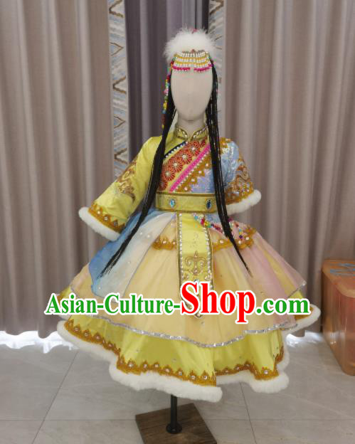 Chinese Ethnic Folk Dance Garment Costumes Zang Minority Dance Yellow Dress Outfits Tibetan Nationality Children Performance Clothing and Headdress