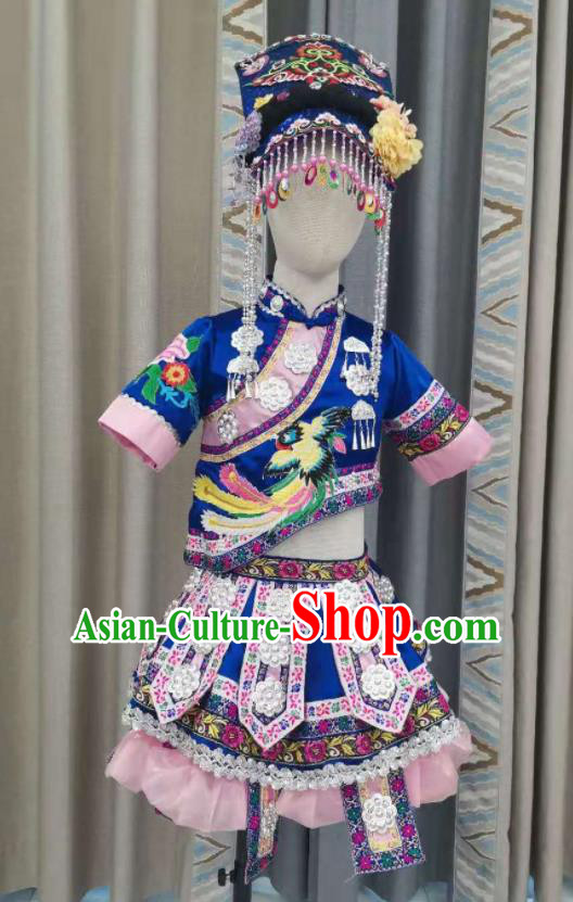 Chinese Pumi Nationality Children Performance Clothing Ethnic Folk Dance Garment Costumes Qiang Minority Dance Blue Dress Outfits and Headwear