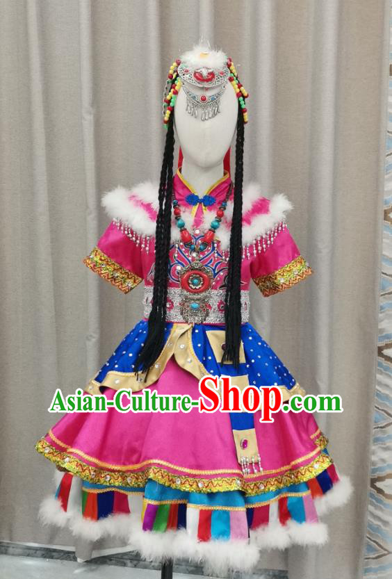 Chinese Zang Nationality Children Performance Clothing Ethnic Folk Dance Garment Costumes Tibetan Minority Dance Rosy Dress Outfits and Hair Accessories