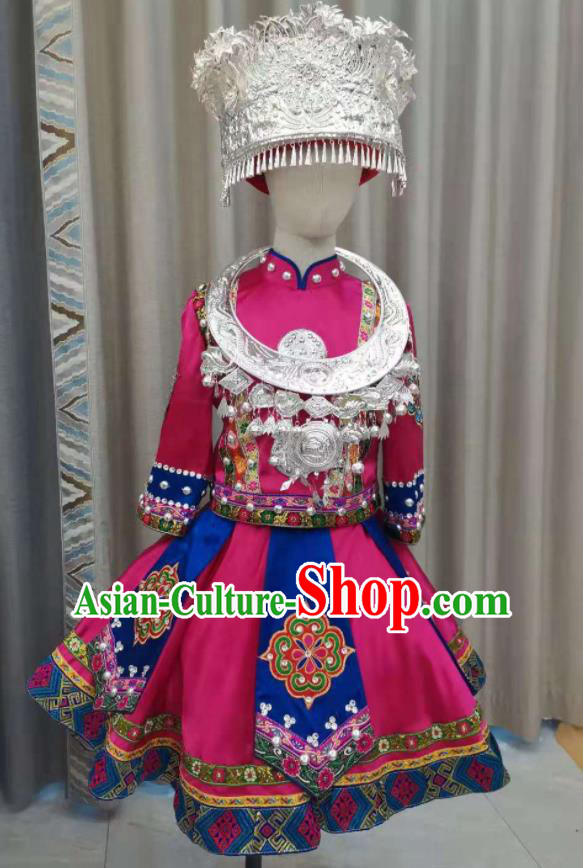 Chinese Pumi Minority Dance Rosy Dress Outfits Qiang Nationality Children Performance Clothing Ethnic Folk Dance Garment Costumes and Headdress