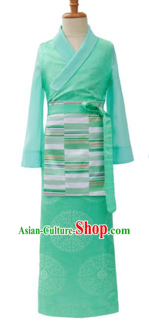 Chinese Zang Minority Girl Garment Costume Tibetan Nationality Children Informal Clothing Ethnic Folk Dance Green Brocade Dress