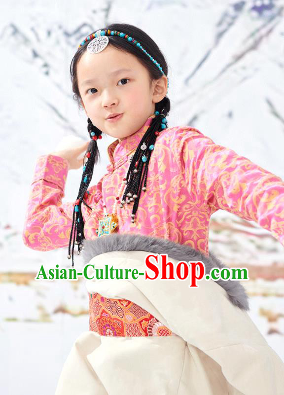 Chinese Tibetan Nationality Blouse Clothing Ethnic Children Pink Brocade Shirt Zang Minority Girl Upper Outer Garment