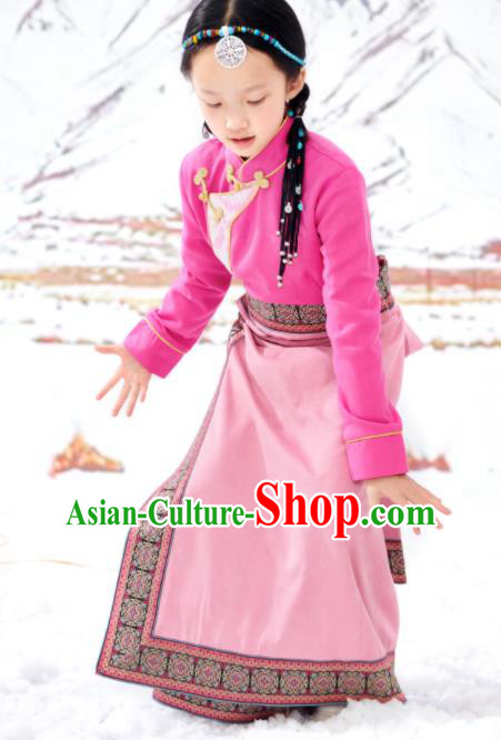 Chinese Tibetan Nationality Girl Clothing Ethnic Children Pink Blouse and Skirt Zang Minority Festival Performance Costumes