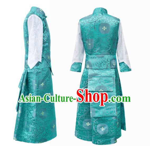 Chinese Ethnic Children Blue Brocade Dress Zang Minority Performance Costumes Tibetan Nationality Girl Bola Clothing