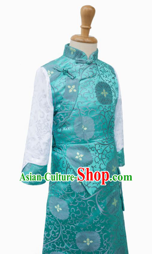 Chinese Ethnic Children Blue Brocade Dress Zang Minority Performance Costumes Tibetan Nationality Girl Bola Clothing