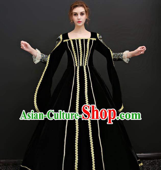 Top European Drama Performance Clothing Western Court Black Velvet Full Dress Renaissance Style Garment Costume French Queen Formal Attire