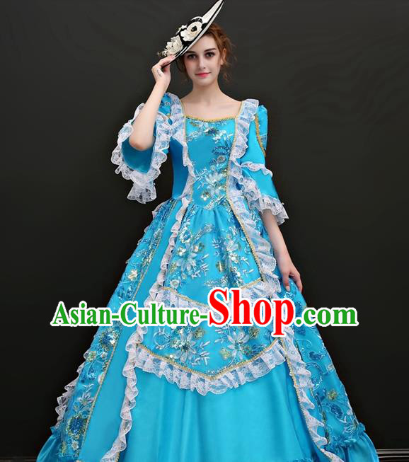 Top Western Ballroom Dance Blue Full Dress Renaissance Style Garment Costume French Princess Formal Attire European Court Clothing